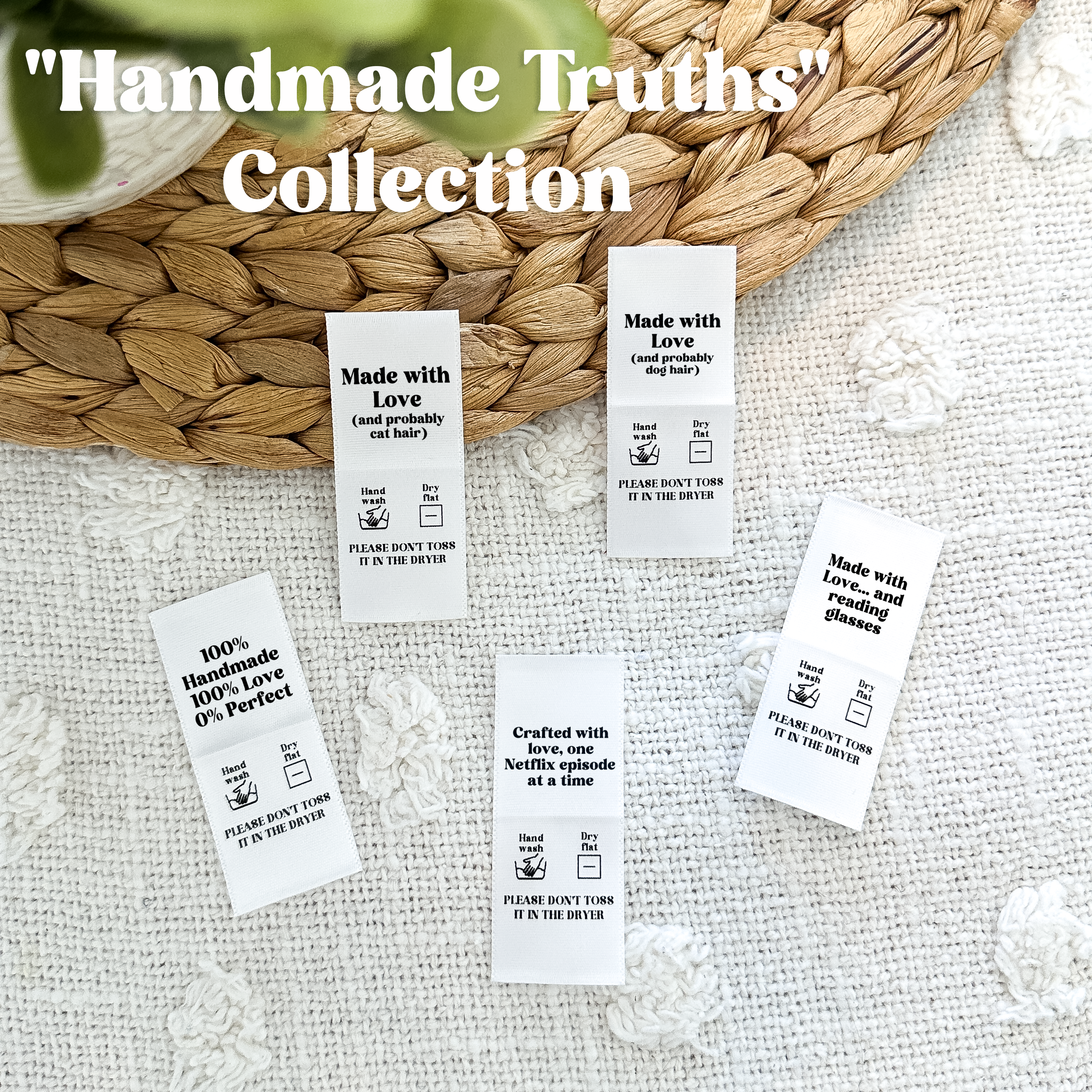 Funny handmade label collection with pet hair, and reading glasses quotes – satin sew-in tags for knit and crochet projects