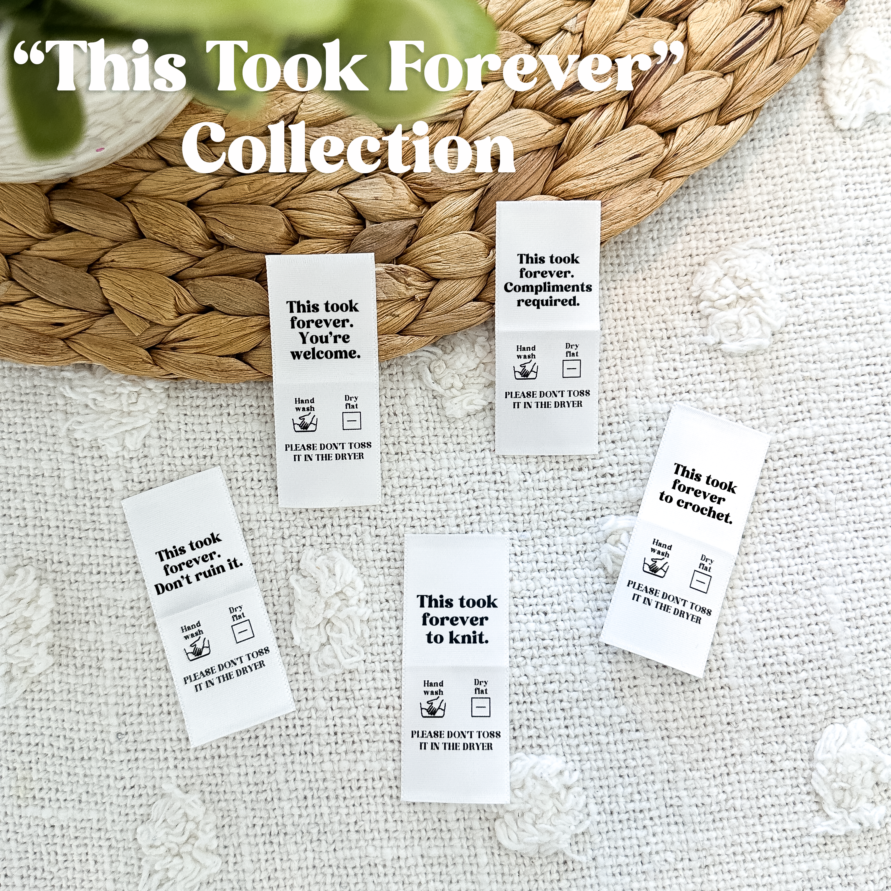 Funny satin knit label that reads ‘This Took Forever’ – sew-in tag for handmade items
