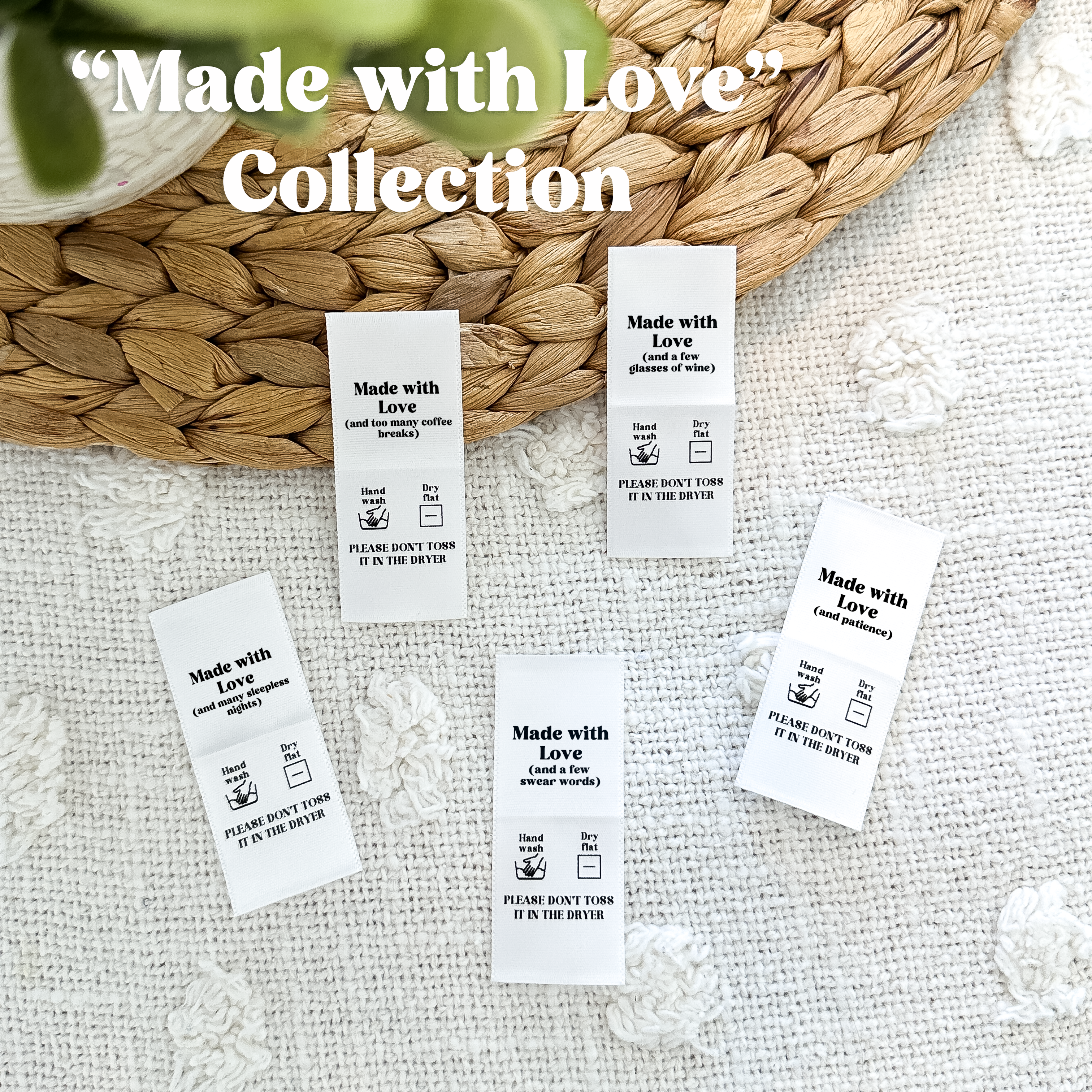 Foldover label with Made with Love text – satin tag for handmade knits